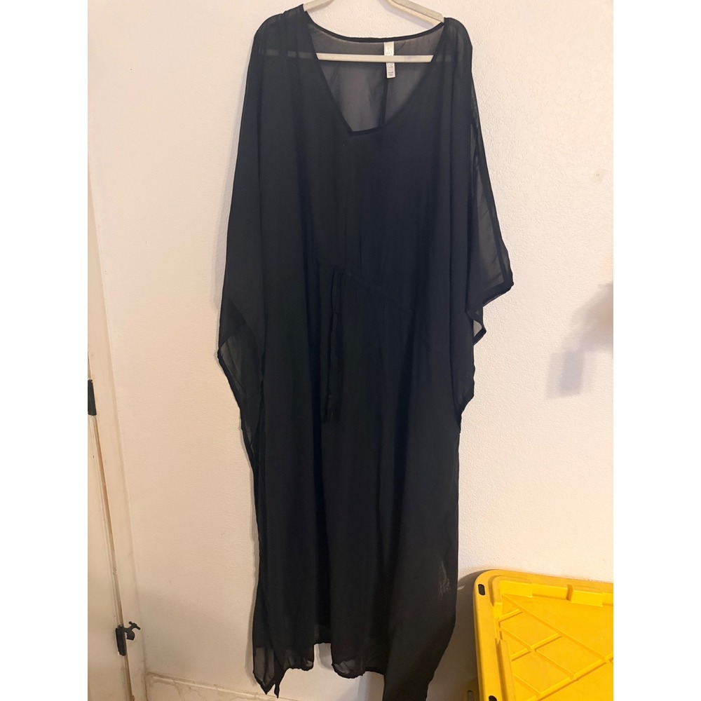 Swim by Cacique Black Sheer Kaftan Cover-Up Tassel Drawstring Plus Size 34/36